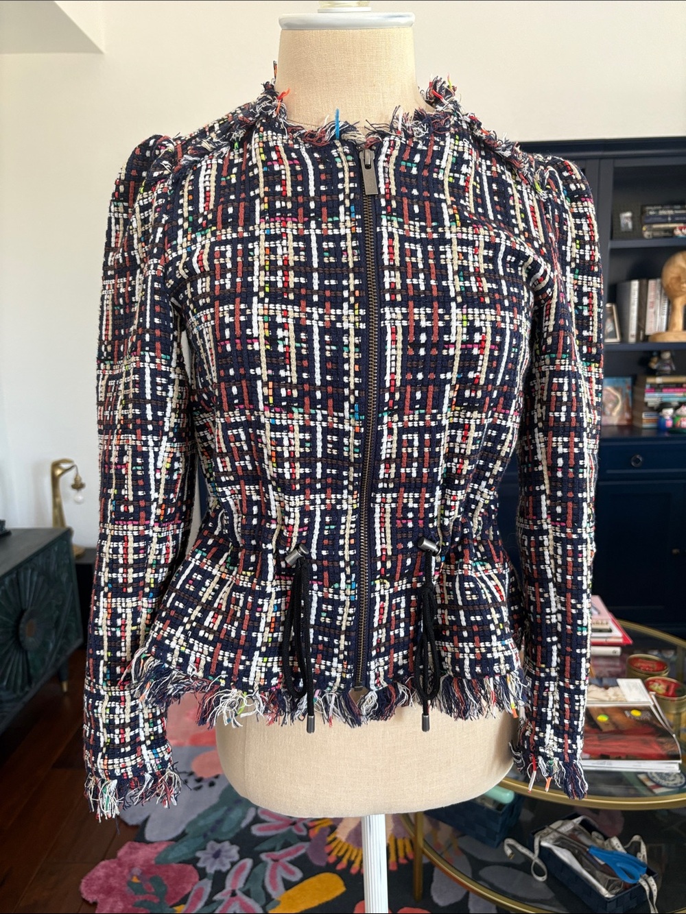 Halogen Frayed Tweed Zip-Front Jacket in Navy Multicolor size XXS